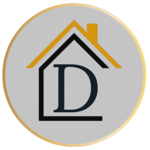 LOGO DECORALLE.COM COM FORMATO DE CASA COM A LETRA D NO CENTRO NAS CORES DA LOGO ORIGINAL DA MARCA LARANJA CINZA E PRETO