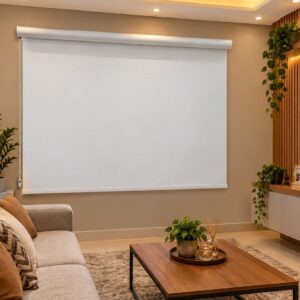 sala de estar com televisao e sofa painel da tv na cor de madeira e a persiana branca instalada é o produto a ser exposto e vendido a pronta entrega